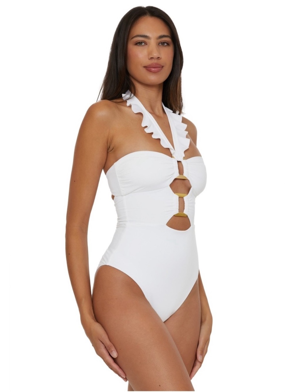 Soluna White One-Piece Swimsuit with Gold Accents and halter neck ❤️ NWT medium